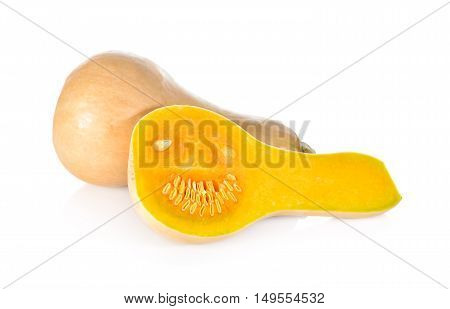 whole and half cut fresh squash butternut on white background