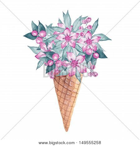 Ice cream cone with flowers. Watercolor illustration, isolated on white 2