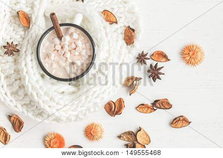 Autumn. Hot chocolate knitted blanket dried flowers and autumn leaves. Top view flat lay