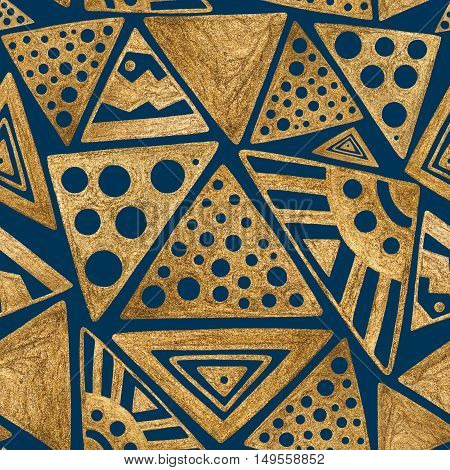 Hand drawn gold paint seamless pattern. Ethnic aztec tribal african background.