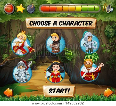 Computer game template with fairytales characters illustration