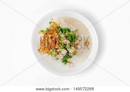 'khao Tom Moo' Thai Breakfast, Rice Congee Mixed With Meat On White Backgroud