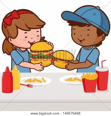 Two children, a girl and a boy enjoy their fast food meal, eating hamburgers, fries, and drinking soda.