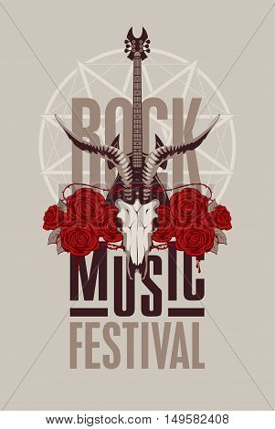 banner poster for festival rock music with goat skull roses and electric guitar