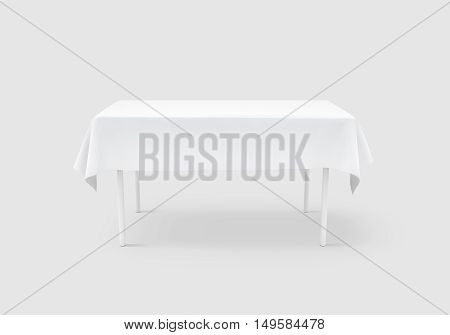 Bank white table cloth mock up clipping path 3d rendering. Clear tablecloth design mockup isolated. Fabric space satin on desk template. Kitchen table clean textile overlay. Setting cafe table.