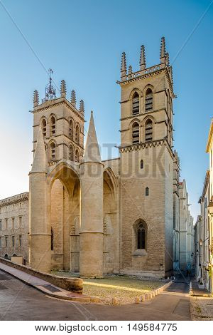 MONTPELLIER,FRANCE - AUGUST 26,2016 - Entrance to Saint Pierre cathedral in Montpellier. The building was elevated to the status of cathedral in 1536.