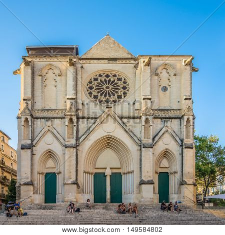 MONTPELLIER,FRANCE - AUGUST 26,2016 - Facade of Saint Roch church in Montpellier. Montpellier is the capital of the Herault department and is the 8th largest city of France.