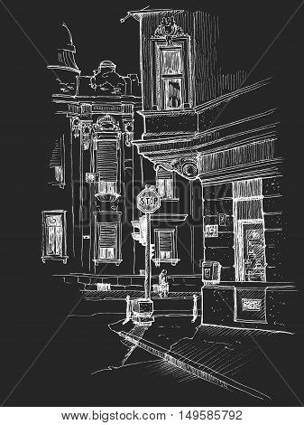 Vector illustration of the beautiful buildings on the corner in old historical city center drawn in a sketch style and isolated on chalkboard background. Belgrade Serbia.