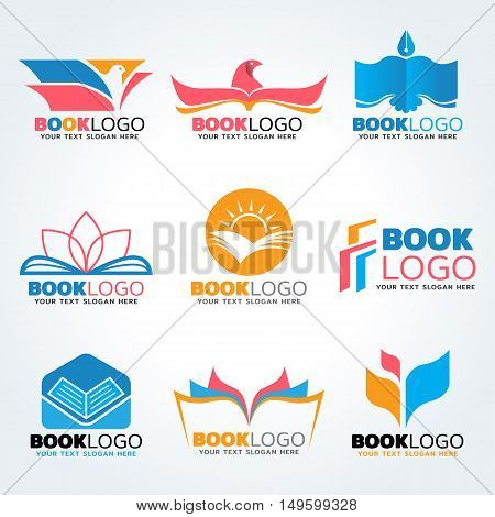 Book logo - bird and sun and lotus mix concept vector illustration set design