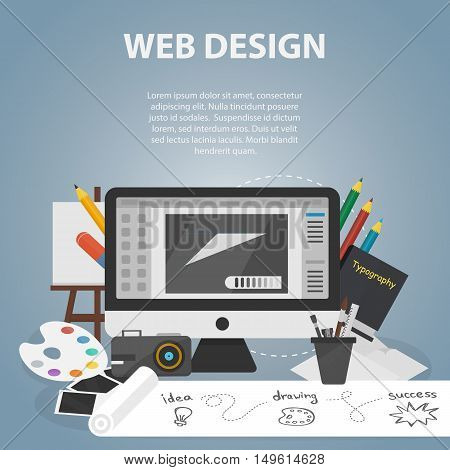 Vector flat banner of graphic web design for website and apps. Business concept poster of creative process and drawing. Set of art equipment.