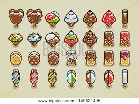 Big set of 28 different colorful ice creams