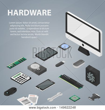 Vector isometric banner of hardware for website, apps and infographic. Business concept poster of computer store and electronic market.