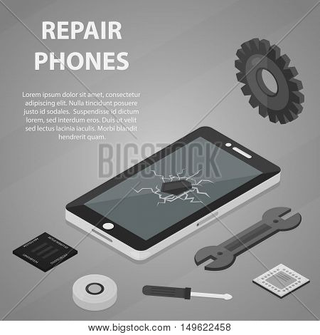 Vector isometric banner of repair mobile phones for website and infographics. Business concept of electronic. Set of isolated tech elements. Poster of broken laptop.