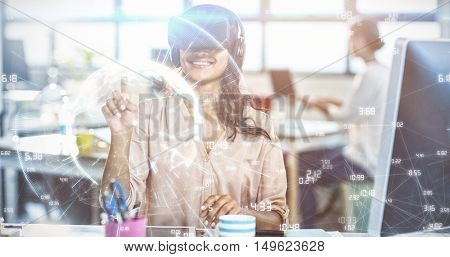 Image of earth with different times against cheerful woman with virtual reality simulator