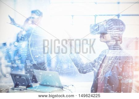 Image of earth with different times against woman wearing virtual reality simulator