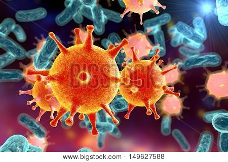 Bacteria and viruses on colorful background, 3D illustration