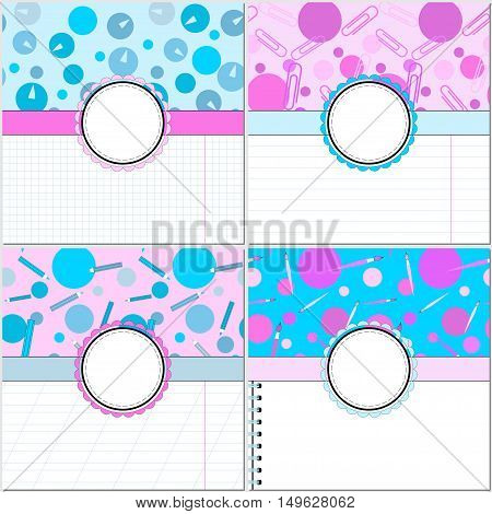 Vector set of four cards to a school (office) theme. Set of backgrounds with school supplies and paper.