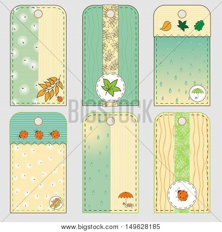 Set of six tags in autumn theme. Cartoon bugs rain and falling leaves. Soft yellow and green colors