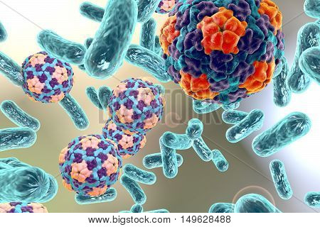 Bacteria and viruses on colorful background, 3D illustration