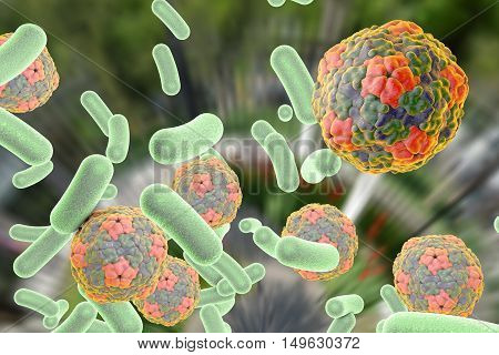 Bacteria and viruses on colorful background, 3D illustration