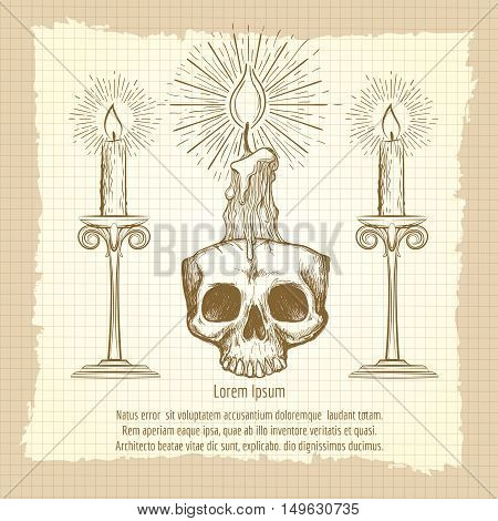 Skull and candles on vintage notebook page. Occult design vector illustration