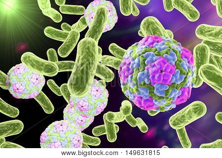 Bacteria and viruses on colorful background, 3D illustration
