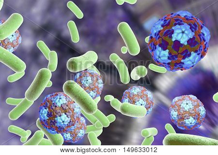 Bacteria and viruses on colorful background, 3D illustration