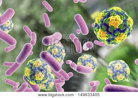 Bacteria and viruses on colorful background, 3D illustration