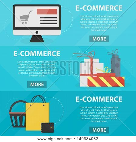 Vector flat banners of e-commerce for website. Business concept of marketing, internet shop and finance.