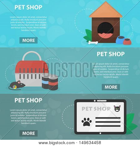 Vector flat banners of pet shop for websites. Business concept of veterinary store. Set of animal equipment.