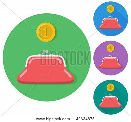Vector flat gold coin with a purse icon. Flat icon on buttons