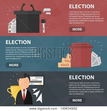 Vector flat banners of election for website. Business concept of politics, democracy and voting. Set of isolated elections elements in flat design.