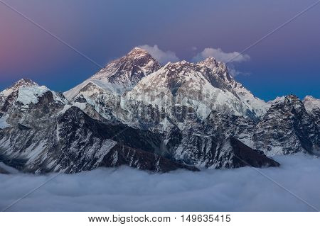 Amazing Sunset Over Mount Everest Summit With Unbelievable Sky Gradient From Blue To Pink And Violet