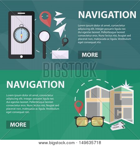 Vector flat horizontal banners of navigation for website. Business concept of logistics, mapping and traveling.