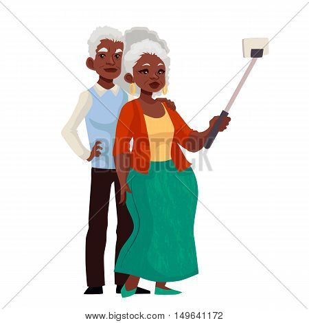 Elder grey-haired african american couple taking selfie, cartoon style illustration. Older casually dressed black skinned man and woman taking pictures of themselves using phone and monopod