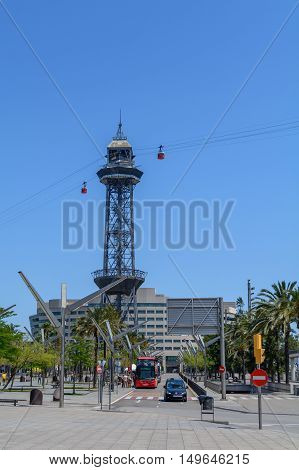 Barcelona, Spain - June 6: Aerial Gondola Lifts On June 6, 2016 In Barcelona, Spain. Aerial Gondola