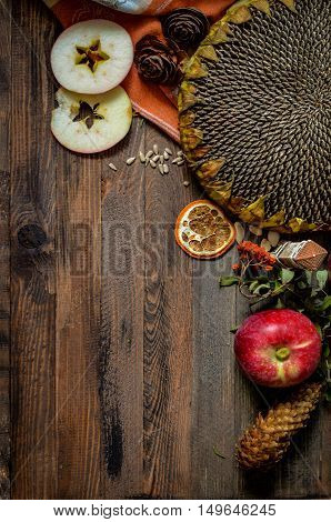 Rural vintage autumn red apples, sunflower, pine cones, orange and apple slices on a rustic wooden background, natural fall style decorations. Natural plenteous border background vintage mock up.