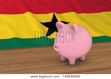 Ghana Finance Concept - Piggybank In Front Of Ghanese Flag 3D Illustration