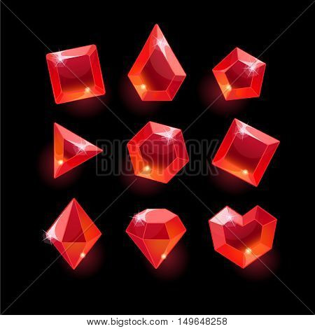 Set of cartoon red different shapes crystals, gemstones, gems, diamonds vector gui assets collection for game design.isolated vector elements.Gui elements, vector games assets.menu for mobile games