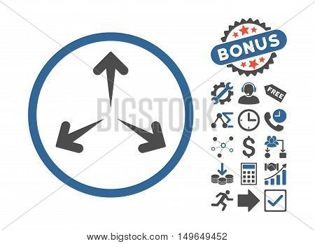 Expand Arrows icon with bonus icon set. Glyph illustration style is flat iconic bicolor symbols, cobalt and gray colors, white background.