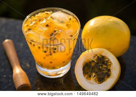 Passion Fruit Caipirinha Of Brazil On Wooden Background