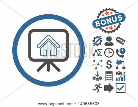 Project Slideshow icon with bonus clip art. Glyph illustration style is flat iconic bicolor symbols, cobalt and gray colors, white background.
