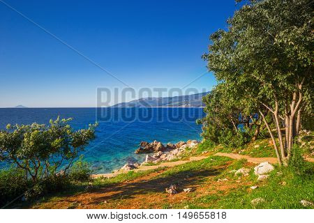 Amazing Rocky Beach With Crystalic Clean Sea Water With Pine Trees On The Coast Of Adriatic Sea, Ist