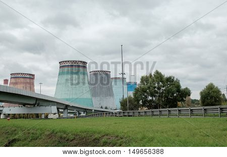 Thermal Power Stations And Power Lines On A Cloudy Day.