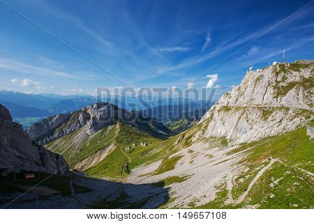View To The World's Steepest Cogwheel Railway And Swiss Alps From The Top Of Pilatus Mountain