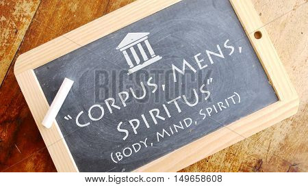 Corpus, Mens, Spiritus. A Latin phrase meaning Body, Mind, Spirit. Andrews University motto.