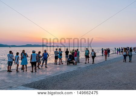 ZADAR CROATIA - SEPTEMBER 15: This is a popular viewpoint for tourists to come and view the sunset and a famous place near the old town on September 15th 2016 in Zadar