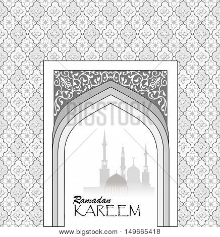 Ramadan background. Muslim architectural building silhouette view in arch over oriental seamless pattern