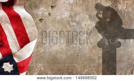 Thinker Shadow. Usa Flag on Concrete Wall