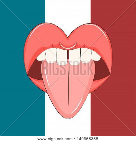 French kiss Vector illustration Open mouth with tongue sticking out on the background of the French flag Cartoon style